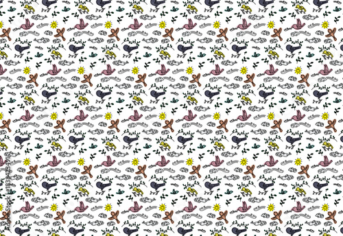 Artistic background design pattern depicting birds, cloud and sun habitat, symbol of natural beauty, suitable for World Bird Day celebration design with minimalist pastel color nuances