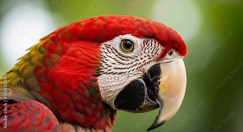 Fototapeta premium Closeup side profile of a colorful macaw with red green and yellow feathers