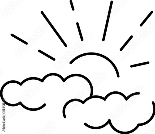 Sun peeking behind clouds outline line art icon