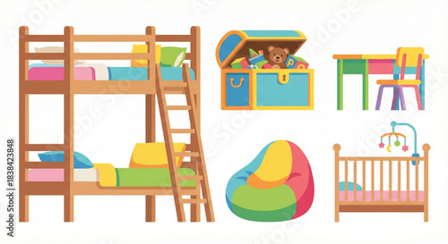 Collection of furniture for kids rooms bunk bed, toy chest, desk, bean bag, crib