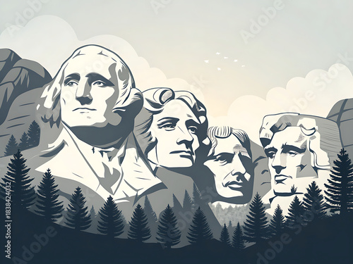 Vector of Mount Rushmore silhouette in soft monochrome style.