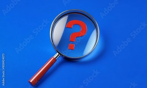 Magnifying glass focuses attention on question mark for exploration and clarity