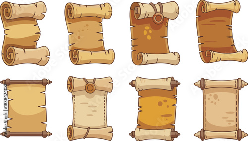 Watercolor parchment scroll, hand drawn manuscript papyrus paper, magic medieval vintage sheet roll. Empty antique game menu banner, document grunge torn edge, ancient pirate map. Parchment scroll set