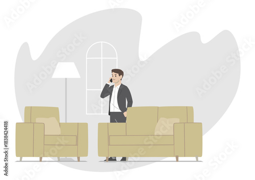 Young man with informal suit having a phone conversation in a minimalist interior