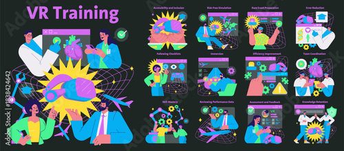 VR Training Benefits Vector Illustration with People