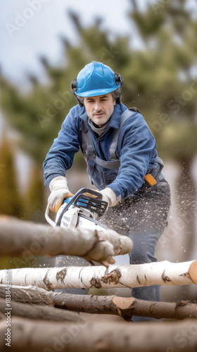 Lumberjack Using Chainsaw to Cut Logs in Outdoor Forest Setting..