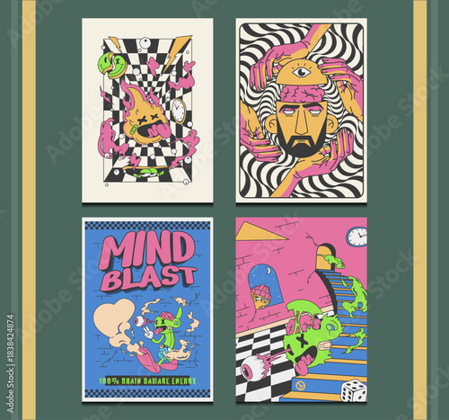 retro 90s psychedelic posters with surreal cartoon style, vector illustration