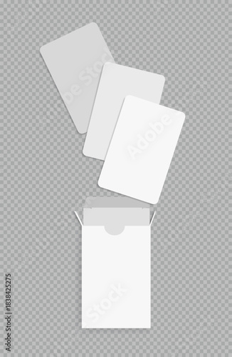 Playing card box mockup, blank cards of a poker hand deck. Vector template for betting design, casino ads, gambling business, and game cards.
