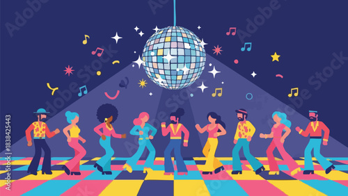 A vibrant disco party scene with diverse people dancing under a sparkling disco ball on a colorful checkered floor, surrounded by musical notes and stars.