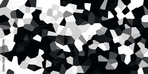 Abstract geometric mosaic pattern with irregular polygons in black white and gray tones creating a dynamic textured background for design and digital art