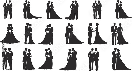 Wedding couple silhouette set — romantic poses of bride and groom in formal attire for ceremony, design, and celebration themes