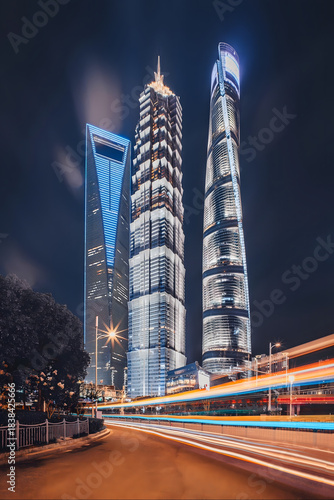 Shanghai Lujiazui Night Skyline with Illuminated Skyscrapers and Traffic Light Trails