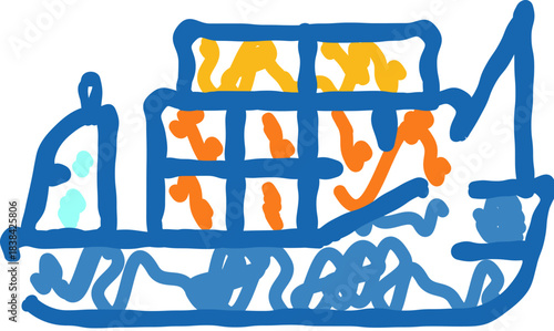 Child's drawing of blue cargo ship sailing ocean