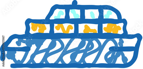 Hand drawn blue ferry boat with passengers on white background