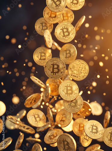 Golden bitcoin coins raining with cinematic lighting on dark background