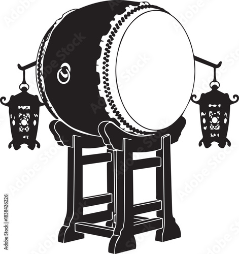 Traditional japanese taiko drum on wooden stand with lanterns