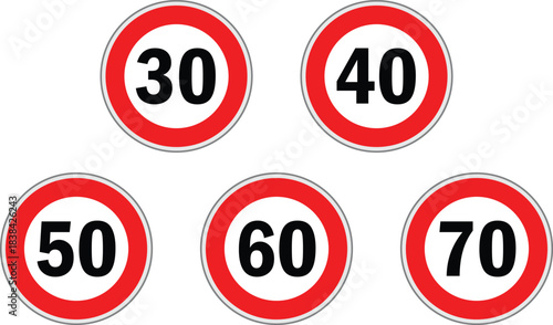 Set of speed limit signs. Road speed from 30-70kmh and no speed limit. Generic speed limit sign with red circle and black number. Road speed limit warnings. Depicting speed limits ranging.