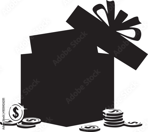 Silhouette of an open gift box with coins spilling out