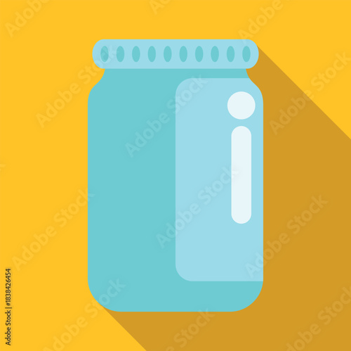 Blue empty glass jar with lid, showing flat style long shadow on yellow background