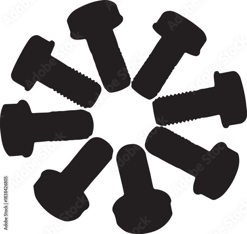 Black Silhouette of Hex Bolts Arranged in a Circle on a White Background fastener hardware also transparent background