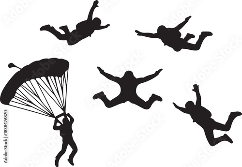 Collection of Five Black Silhouettes of Skydivers in Various Poses During Freefall and Parachute Descent also transparent background