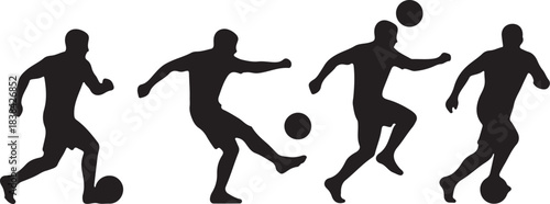 Four Silhouettes of Soccer Players in Action with Balls on a White Background football also transparent background