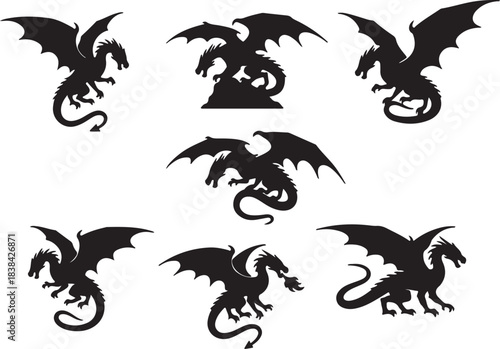 Collection of Six Black Dragon Silhouettes in Various Poses fantasy mythical also transparent background
