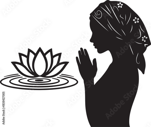 Silhouette of a woman in prayer beside a lotus flower on rippling water vector illustration also transparent background