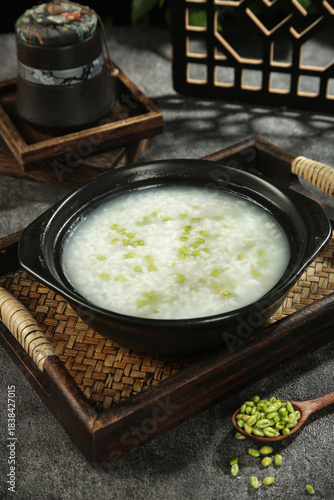 Wallpaper Mural Fresh Mung Bean Porridge in Traditional Chinese Farmhouse Style Bowl with Green Kernels Torontodigital.ca