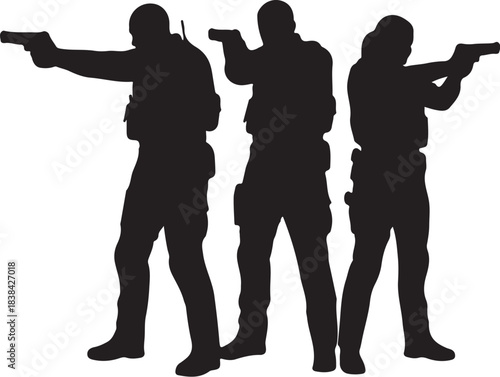 Silhouette of Three Armed Men in Tactical Gear Aiming Firearms soldiers police also transparent background