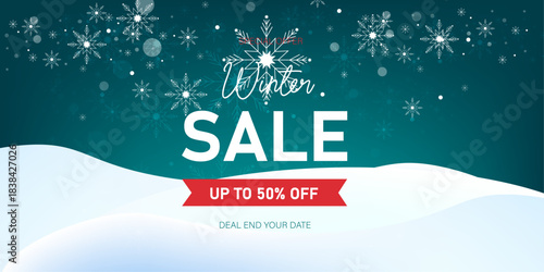 snowflake winter landscape with mega sale banner