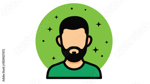 Male Avatar Icon with Beard on Green Background. User Profile Vector Illustration.