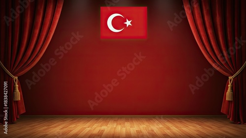 Turkish Stage: A dramatic stage scene dominated by a vibrant red backdrop, a traditional Turkish flag centered above. Two opulent curtains frame the stage.