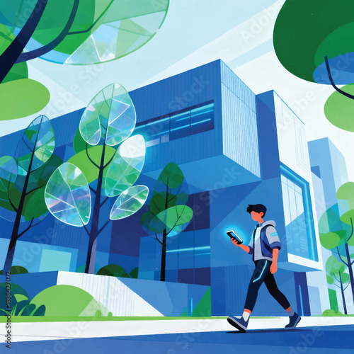 Illustration Of An Eco Friendly City With Buildings, Trees, Characters Walking Carrying Gadgets Vector Design Template