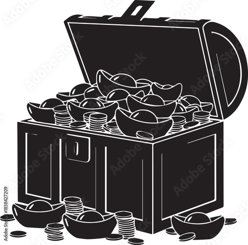 Open treasure chest overflowing with gold ingots and coins