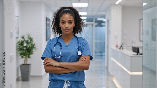 Free Download Confident black female doctor in blue scrubs posing in a hospital corridor. Portrait of a young african american nurse with a stethoscope and arms crossed. Healthcare and medicine professional - GFXLoad