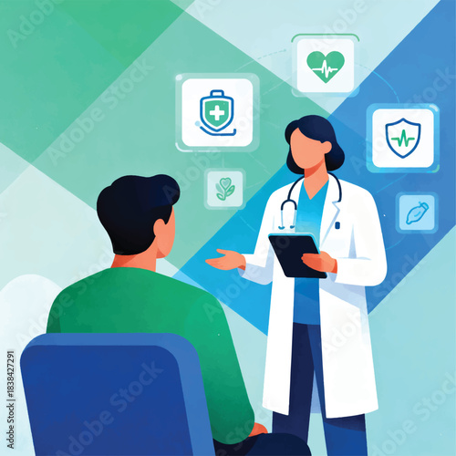 Illustration Of A Person Consulting A General Practitioner, Doctor Holding A Digital Tablet, Health Icons Vector Design Template