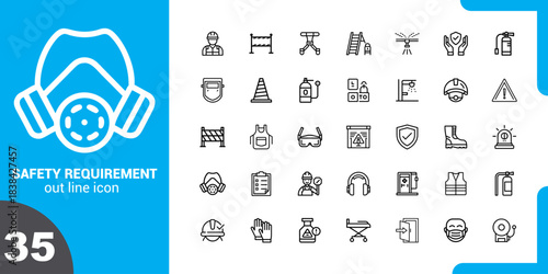 Collection of safety equipment icons and a respirator mask illustration