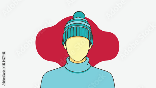 Flat Design Vector Avatar Wearing Warm Winter Knit Hat and Turquoise Turtleneck Sweater