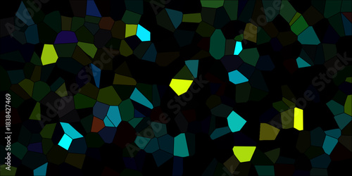 Dark abstract mosaic with glowing neon highlights in bright cyan and yellow against deep green and blue polygons for a futuristic look