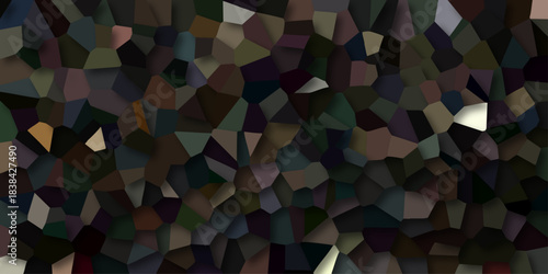 Dark abstract geometric mosaic with a rich palette of deep greens browns purples and subtle highlights creating a complex textured background