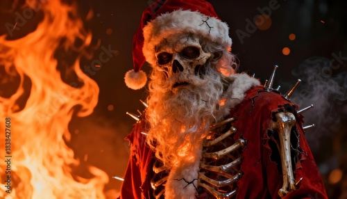 Skeleton Santa in flames with tattered suit