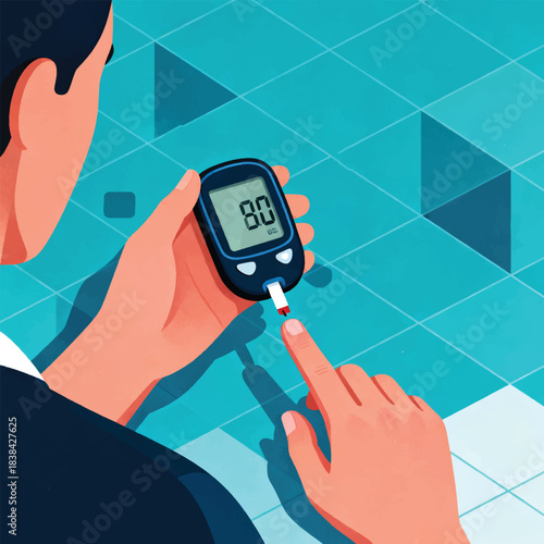 Illustration Of A Person Checking Blood Sugar Using A Digital Glucometer Vector Design Template