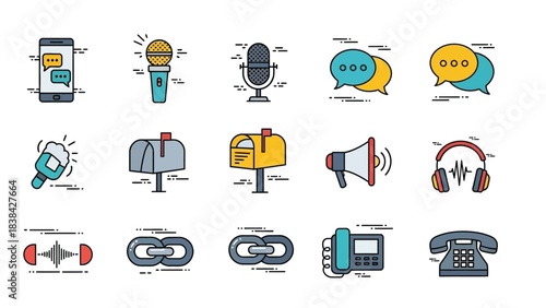 Communication and Media Technology Vector Icons Set: Smartphone Chat, Microphone, Mailbox, Megaphone, Headphones, and Link Symbols
