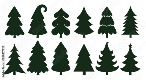 A set of twelve different dark green christmas tree silhouettes or icons, isolated on white background