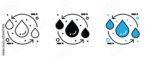 Essential water cycle icons showing liquid droplet conservation and sustainable resource management across three distinct styles