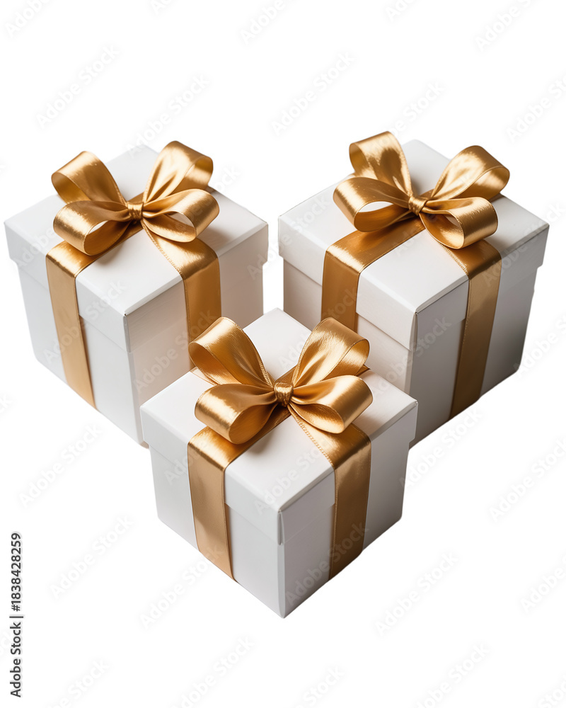 Obraz premium Three White Christmas Gift Boxes with Gold Ribbons Floating in the Air Isolated on a White Background Holiday Season Celebration Surprise Commercial Banner