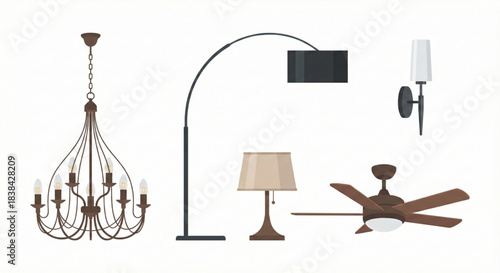 Diverse range of elegant indoor lighting fixtures, including chandeliers, lamps, and ceiling fans for contemporary homes