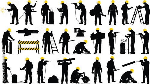 Black Silhouette Set of Industrial Construction Workers and Laborers: Builders, Welders, and Engineers with Tools and Equipment Icons for Safety, Renovation, and Maintenance