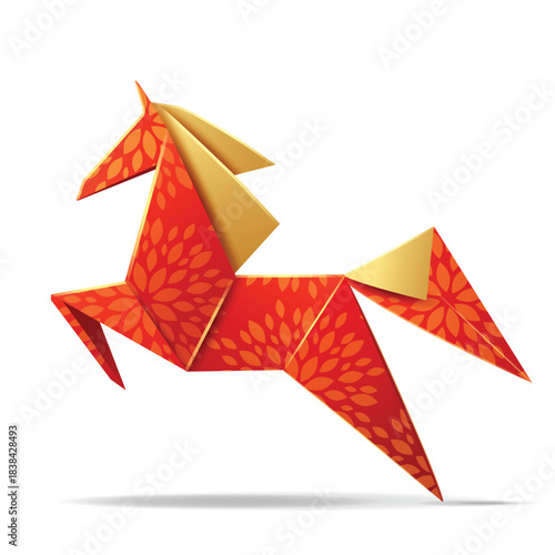 Red Origami Horse with Festive Asian Patterns